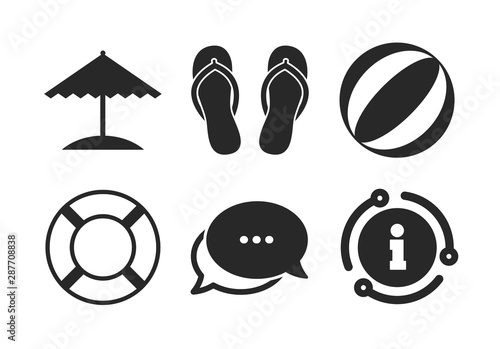 Ball, umbrella and flip-flops sandals signs. Chat, info sign. Beach holidays icons. Lifebuoy symbol. Classic style speech bubble icon. Vector