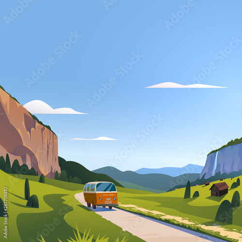 Vector flat summer landscape illustration, wild nature view: sky, mountains, meadow, minivan rides on the road. For car travel banner, road trip card, vacation touristic advertising, brochure, flayer.