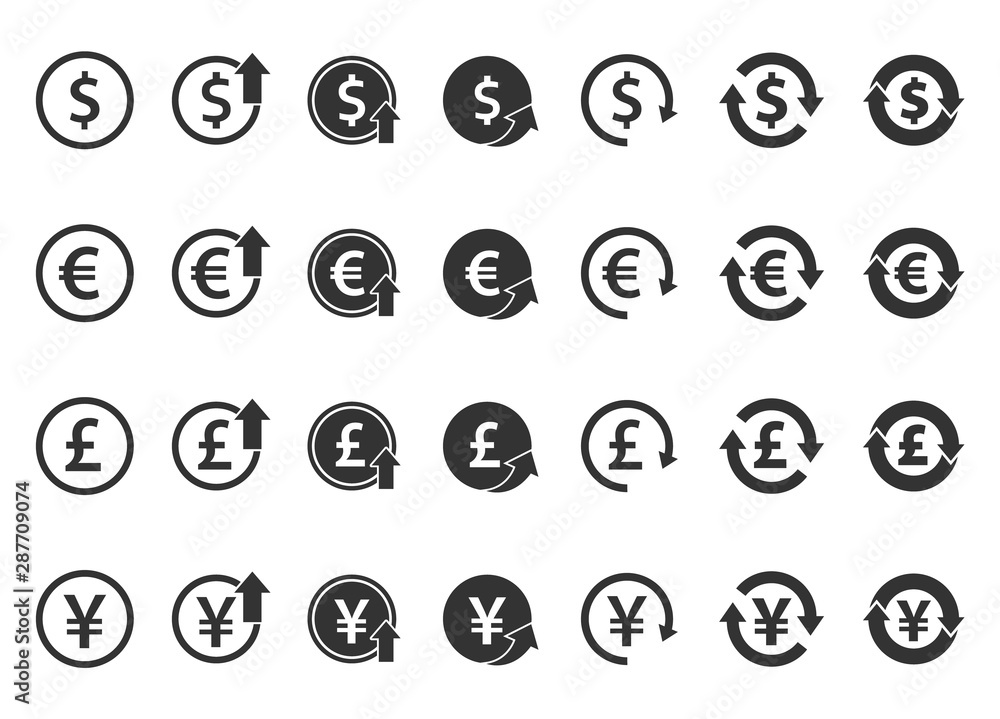 currency icons set - dollar, euro, pound and yen, currency exchange signs currency icons set - dollar, euro, pound and yen, currency exchange signs