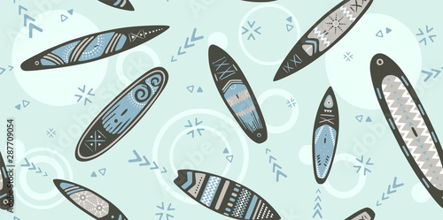 Stand Up Paddle Boarding SUP surfing elements cute seamless pattern vector illustration with supboard  waves in scandinavian style design on a blue background.