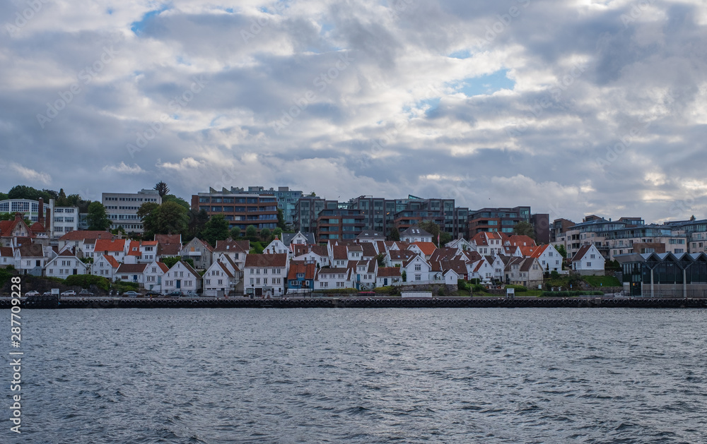 Stavanger white houses panorama at sunset. Norway., July 2019