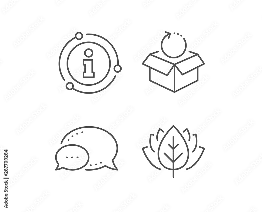 Return package line icon. Chat bubble, info sign elements. Delivery parcel sign. Cargo goods box symbol. Linear return package outline icon. Information bubble. Vector Return package line icon. Chat bubble, info sign elements. Delivery parcel sign. Cargo goods box symbol. Linear return package outline icon. Information bubble. Vector