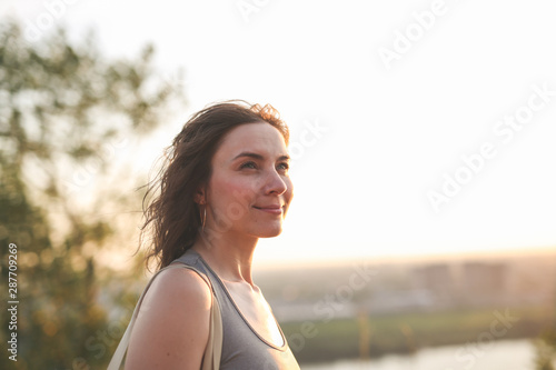 Photography caucasian woman in sports in park at sunset,