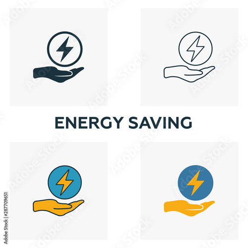 Energy Saving icon set. Four elements in diferent styles from power and energy icons collection. Creative energy saving icons filled, outline, colored and flat symbols