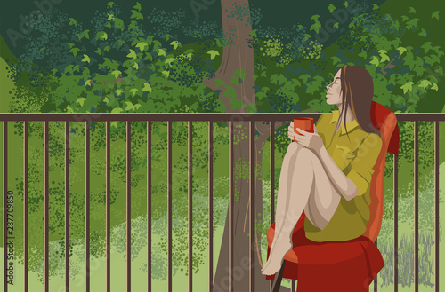 Young girl with a coffee mug on the balcony in the garden. Cartoon character on a background of green foliage. Vector illustration in a flat style.