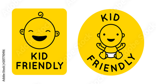 Kid friendly emblem with cute teddy bear - vector badges and icon designs in simple linear style