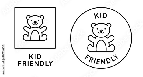 Kid friendly emblem with cute teddy bear - vector badges and icon designs in simple linear style