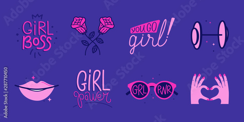 Vector set of stickers and badges in simple style with hand-lettering phrases girl power, you go girl, girl boss  - stylish print for poster or t-shirt