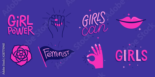 Vector set of stickers and badges in simple style with hand-lettering phrases girl power, girls can