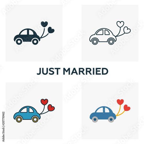 Just Married icon set. Four elements in diferent styles from honeymoon icons collection. Creative just married icons filled, outline, colored and flat symbols