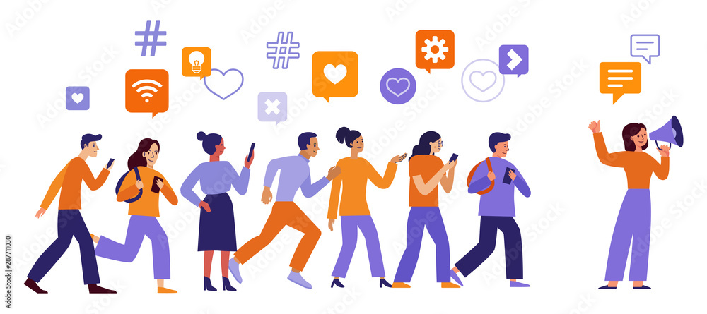 Vector illustration in flat simple style with characters - influencer marketing concept and referral loyalty program - blogger promotion services and goods for her followers online Vector illustration in flat simple style with characters - influencer marketing concept and referral loyalty program - blogger promotion services and goods for her followers online