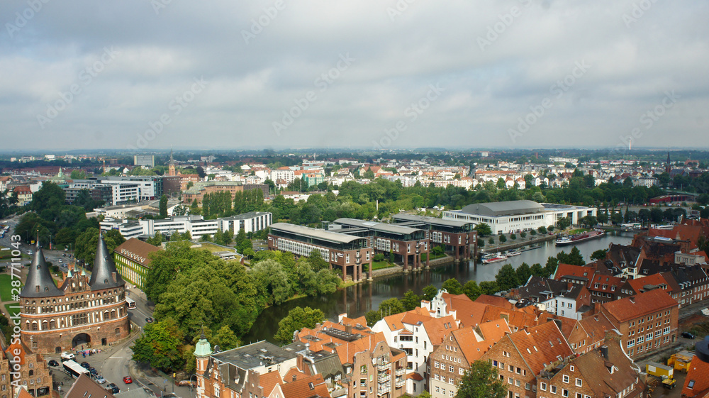 Lubeck, Germany - 07 26 2015 - Top view of old town, beautiful architecture, sunny day