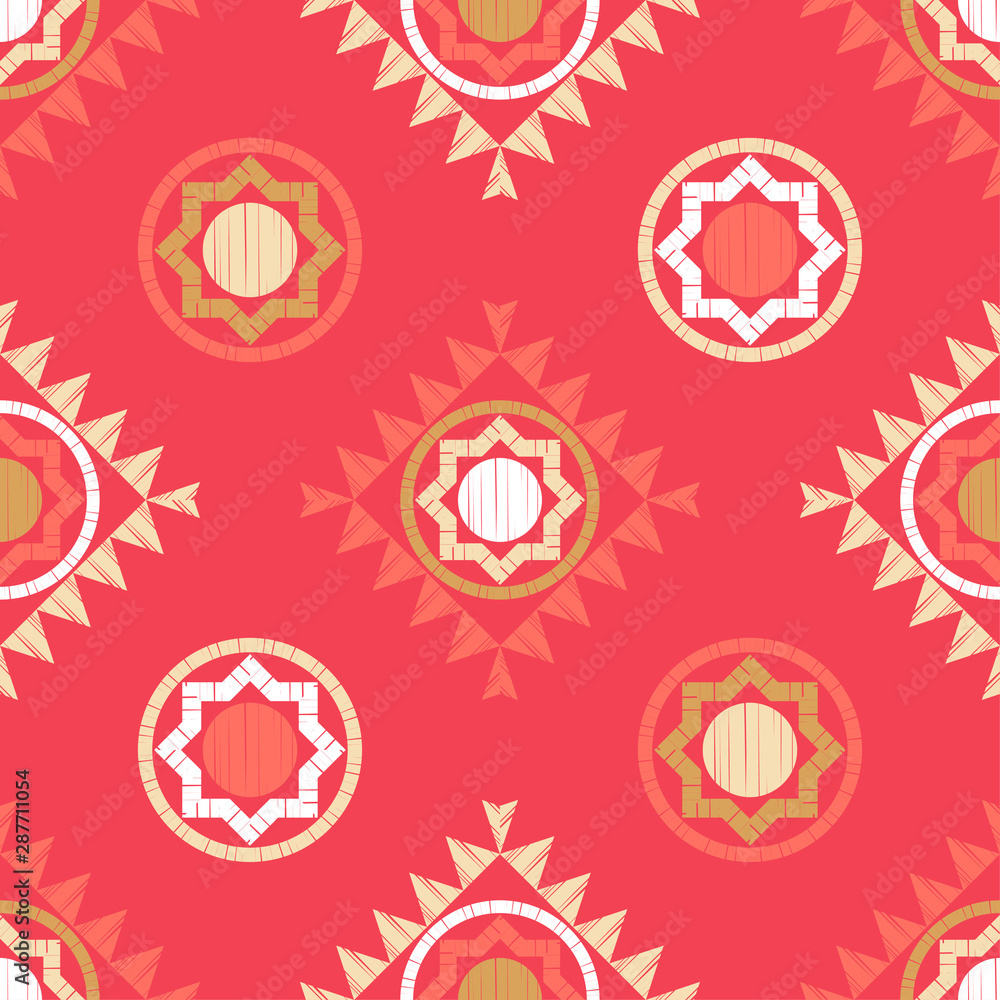 Octagonal star and polka dots. Ethnic boho seamless pattern. Lace. Embroidery on fabric. Patchwork texture. Weaving. Traditional ornament. Tribal pattern. Folk motif.