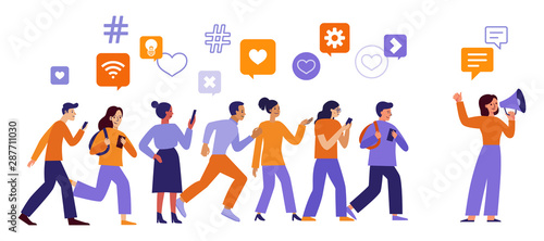 Vector illustration in flat simple style with characters - influencer marketing concept and referral loyalty program - blogger promotion services and goods for her followers online 