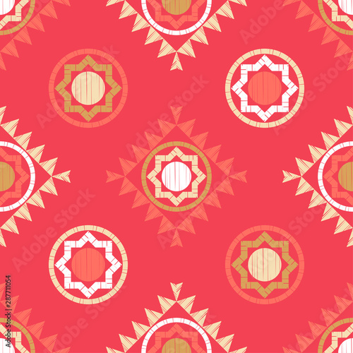 Octagonal star and polka dots. Ethnic boho seamless pattern. Lace. Embroidery on fabric. Patchwork texture. Weaving. Traditional ornament. Tribal pattern. Folk motif.