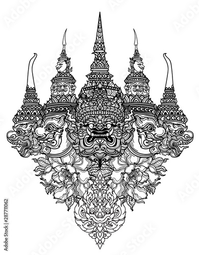 Tattoo art thai snake and giant pattern literature hand drawing sketch