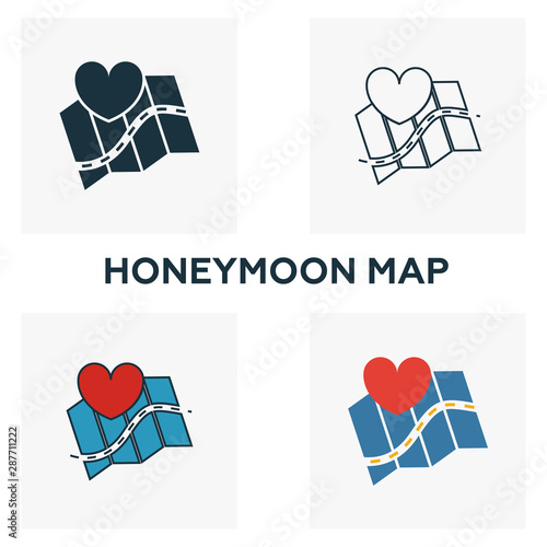 Honeymoon Map icon set. Four elements in diferent styles from honeymoon icons collection. Creative honeymoon map icons filled, outline, colored and flat symbols