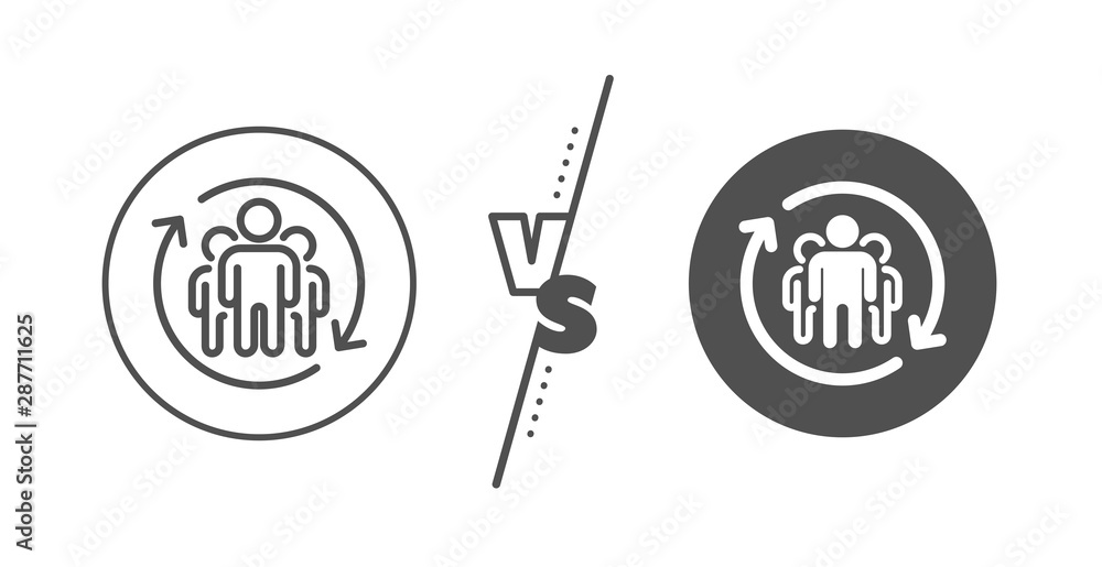 Employees rotation sign. Versus concept. Teamwork line icon. Core value symbol. Line vs classic teamwork icon. Vector