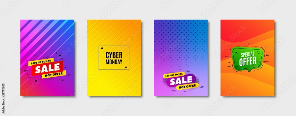 Cyber Monday Sale. Cover design, banner badge. Special offer price sign. Advertising Discounts symbol. Poster template. Sale, hot offer discount. Flyer or cover background. Vector