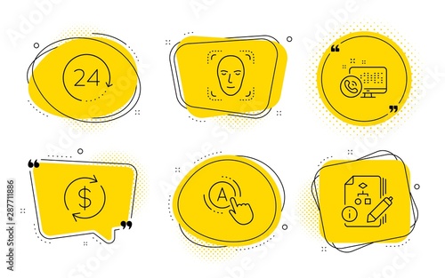 24 hours, Web call and Algorithm signs. Chat bubbles. Ab testing, Usd exchange and Face detection line icons set. A test, Currency rate, Detect person. Time. Business set. Line ab testing icon. Vector