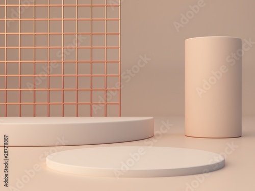 Minimal scene with podium and abstract background. Geometric shapes. Pastel colors scene. Minimal 3d rendering. Scene with geometrical forms and textured background for cosmetic product. 3d render. 