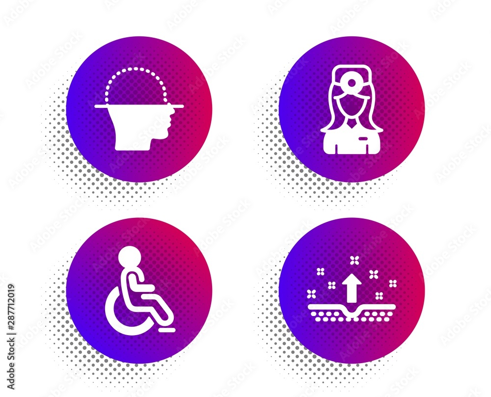 Oculist doctor, Disabled and Face scanning icons simple set. Halftone dots button. Clean skin sign. Optometrist, Handicapped wheelchair, Faces detection. Cosmetics. Medical set. Vector Oculist doctor, Disabled and Face scanning icons simple set. Halftone dots button. Clean skin sign. Optometrist, Handicapped wheelchair, Faces detection. Cosmetics. Medical set. Vector