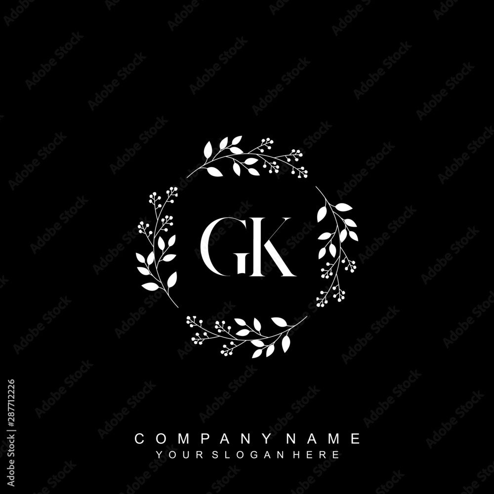 letter GK surrounded by beautiful and elegant flowers and leaves. Wedding monogram logo template. Fashion Logo template Vectors, letter GK surrounded by beautiful and elegant flowers and leaves. Wedding monogram logo template. Fashion Logo template Vectors,