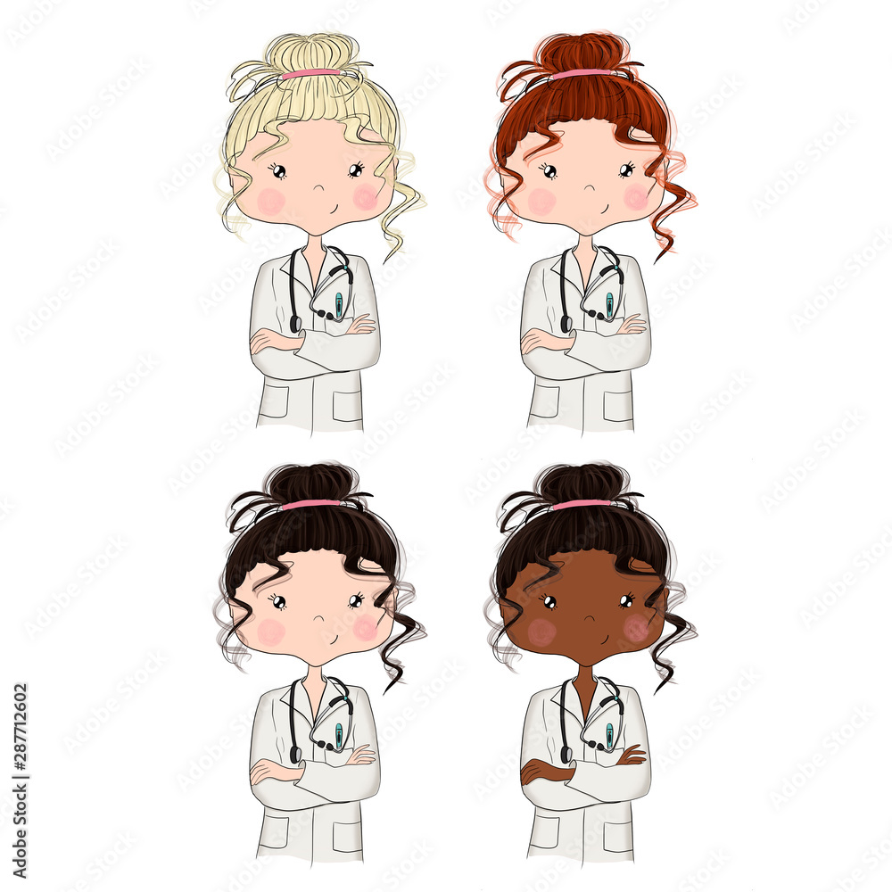Set Brunette Blonde African American Red Hair Girls Doctor Isolated On A White Background Hand Drawn Illustration Set Brunette Blonde African American Red Hair Girls Doctor Isolated On A White Background Hand Drawn Illustration