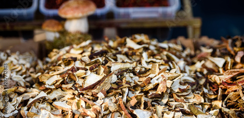 Farmers market Harvest of dried mushrooms on display with labels at the County autumn fair