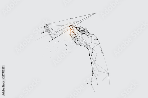 The particles, geometric art, line and dot of flying paper rocket.