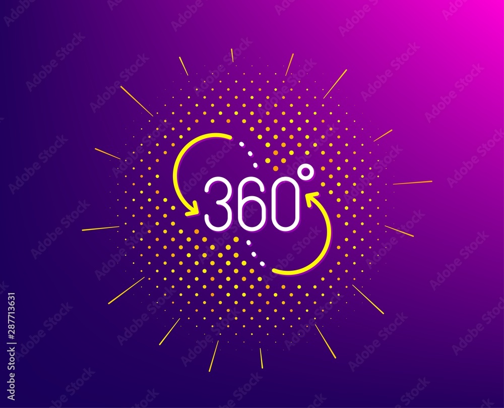360 degree line icon. Halftone pattern. VR technology simulation sign. Panoramic view symbol. Gradient background. 360 degree line icon. Yellow halftone pattern. Vector 360 degree line icon. Halftone pattern. VR technology simulation sign. Panoramic view symbol. Gradient background. 360 degree line icon. Yellow halftone pattern. Vector