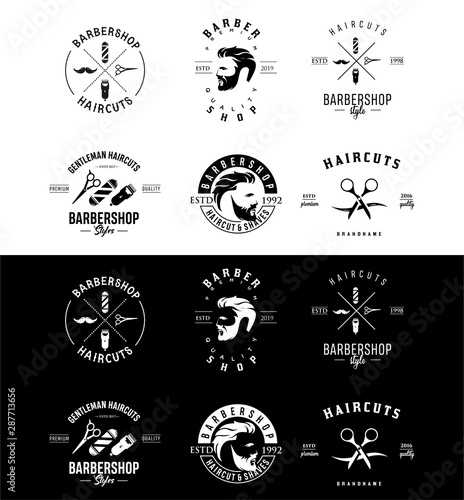 Set Of Barbershop Logo Design Vintage silhouette Vector Stock on the white background . haircut Logo Vintage Hispter badge .	