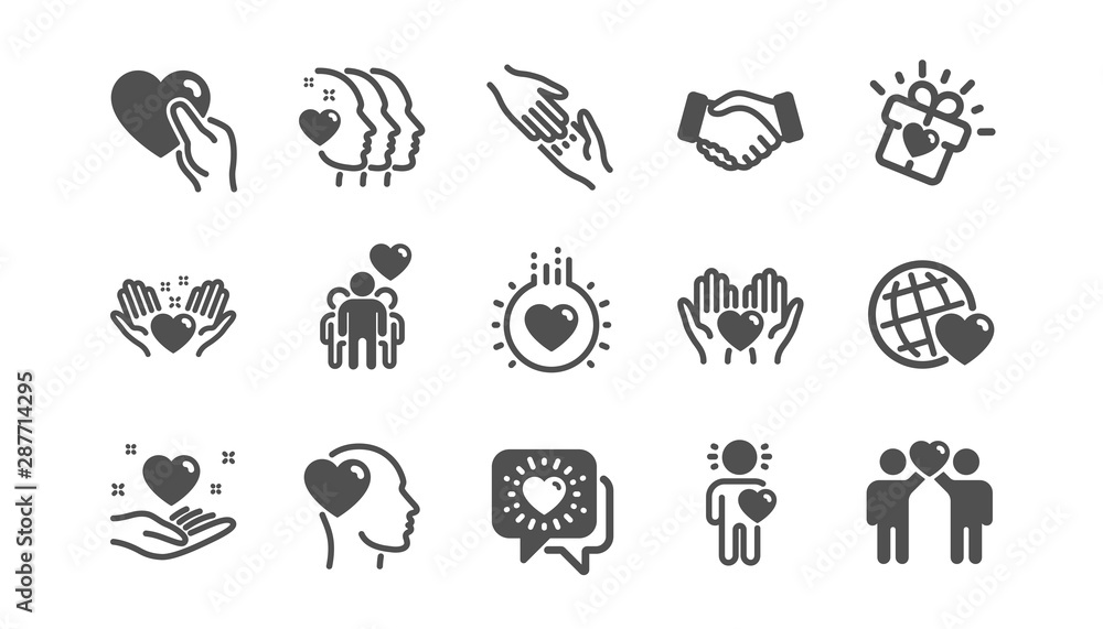Friendship and love icons. Interaction, Mutual understanding and assistance business. Trust handshake, social responsibility icons. Classic set. Quality set. Vector