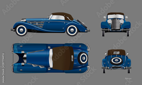 Blue retro car on gray background. Vintage cabriolet in realistic style. Front, side, top and back view. Industrial isolated blueprint. 3d automobile