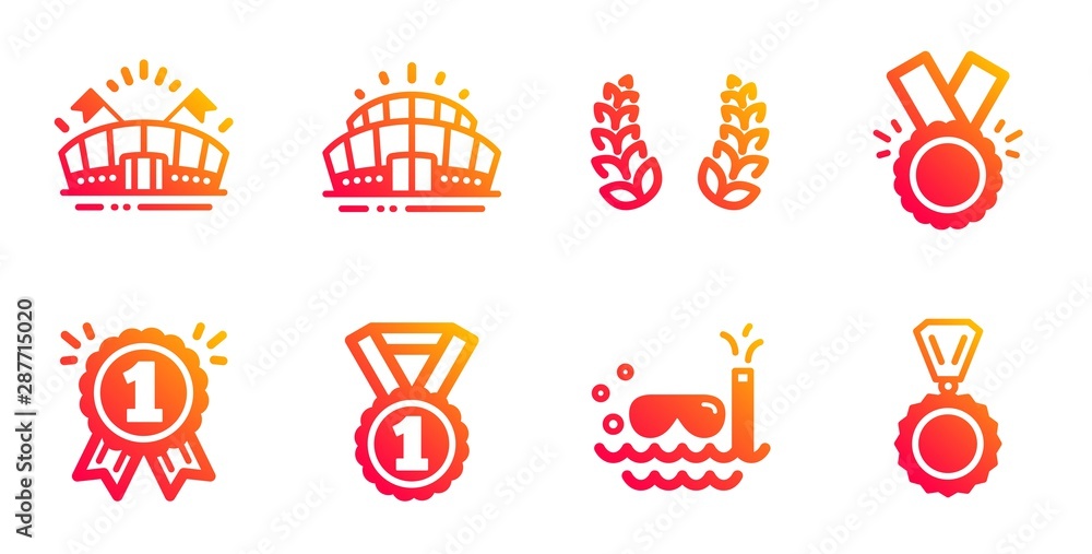 Best rank, Scuba diving and Reward line icons set. Arena stadium, Laurel wreath and Sports arena signs. Honor, Medal symbols. Success medal, Trip swimming. Sports set. Vector