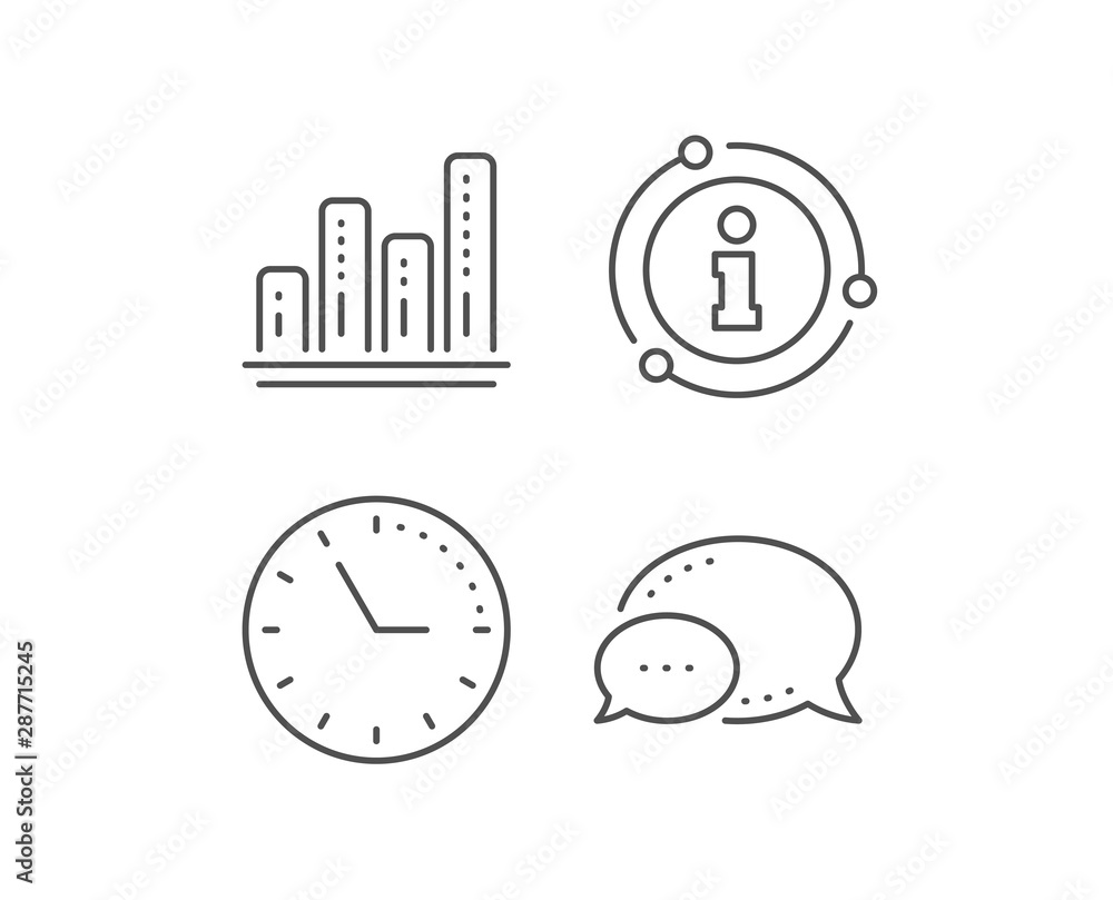 Graph line icon. Chat bubble, info sign elements. Column chart sign. Growth diagram symbol. Linear graph chart outline icon. Information bubble. Vector Graph line icon. Chat bubble, info sign elements. Column chart sign. Growth diagram symbol. Linear graph chart outline icon. Information bubble. Vector