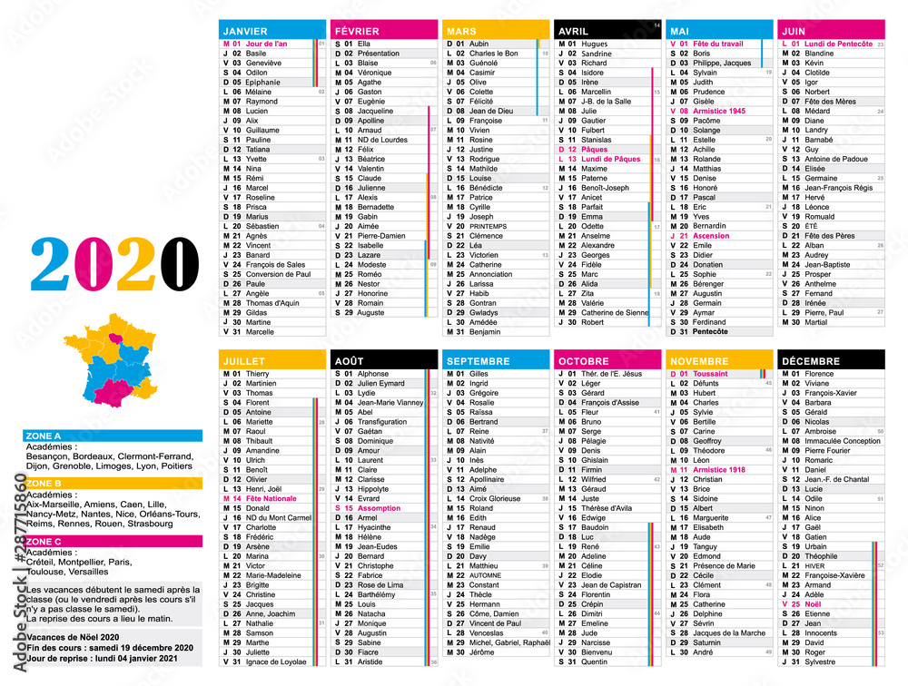 Calendrier 2020 France avec jours fériés, semaines et vacances