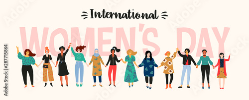 International Womens Day. Vector illustration with women different nationalities and cultures.