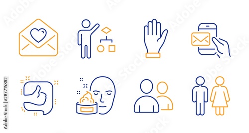 Hand  Face cream and Love letter line icons set. Algorithm  Like and Messenger mail signs. Users  Restroom symbols. Waving palm  Gel. People set. Line hand icon. Vector