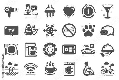 Hotel service icons. Wi-Fi  Air conditioning and Coffee maker machine. Spa stones  swimming pool and bike rental icons. Hotel parking  safe and shower. Food  coffee cup. Quality set. Vector