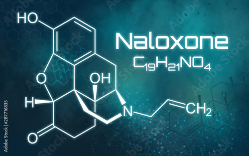 Chemical formula of Naloxone on a futuristic background