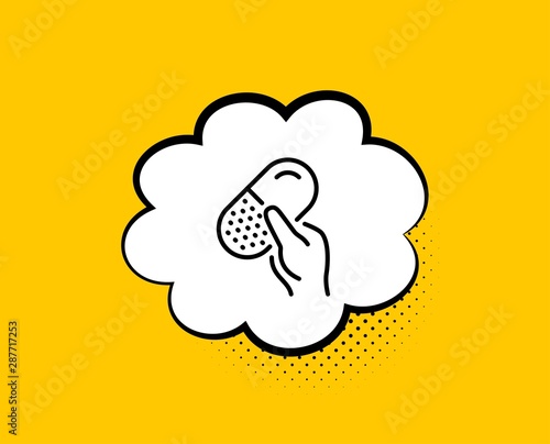 Capsule pill line icon. Comic speech bubble. Medical drugs sign. Pharmacy medication symbol. Yellow background with chat bubble. Capsule pill icon. Colorful banner. Vector