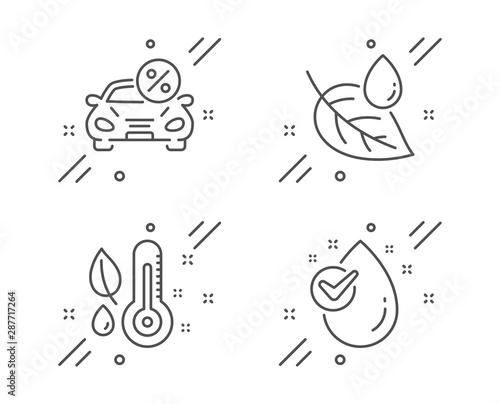 Car leasing, Thermometer and Leaf dew line icons set. Water drop sign. Transport discount, Grow plant, Water drop. Clean aqua. Line car leasing outline icon. Vector
