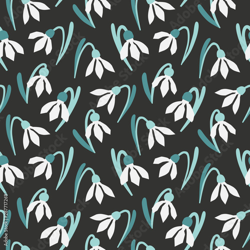 Scandinavian style snowdrops floral vector green, light green and white seamless pattern. Wrapping paper design.