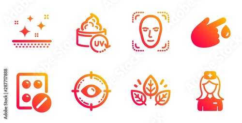 Organic tested, Face detection and Medical tablet line icons set. Eye target, Clean skin and Uv protection signs. Blood donation, Hospital nurse symbols. Bio ingredients, Detect person. Vector