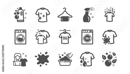 Laundry icons. Dryer, Washing machine and dirt shirt. Laundromat, hand washing, laundry service icons. Classic set. Quality set. Vector