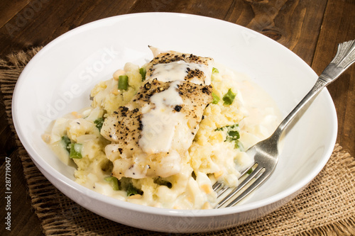 baked cod and egg with mashed potato