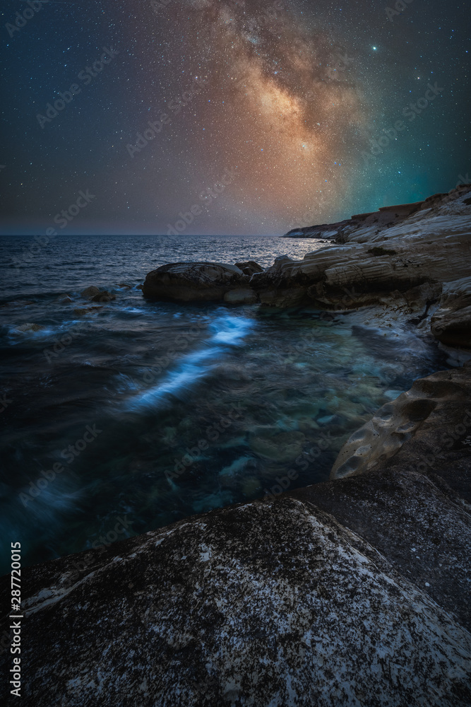 Milky way rising above White Stones beach in Limassol, Cyprus