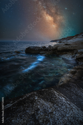 Milky way rising above White Stones beach in Limassol, Cyprus