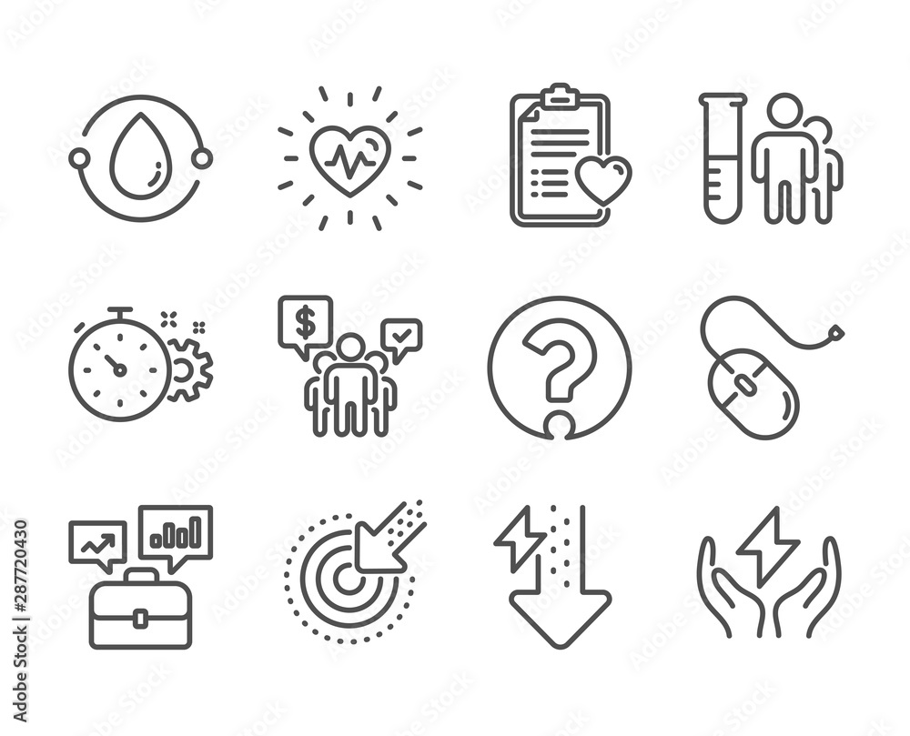 Set of Science icons, such as Computer mouse, Energy drops, Question mark, Medical analyzes, Heartbeat, Teamwork, Cold-pressed oil, Targeting, Safe energy, Patient history, Cogwheel timer. Vector